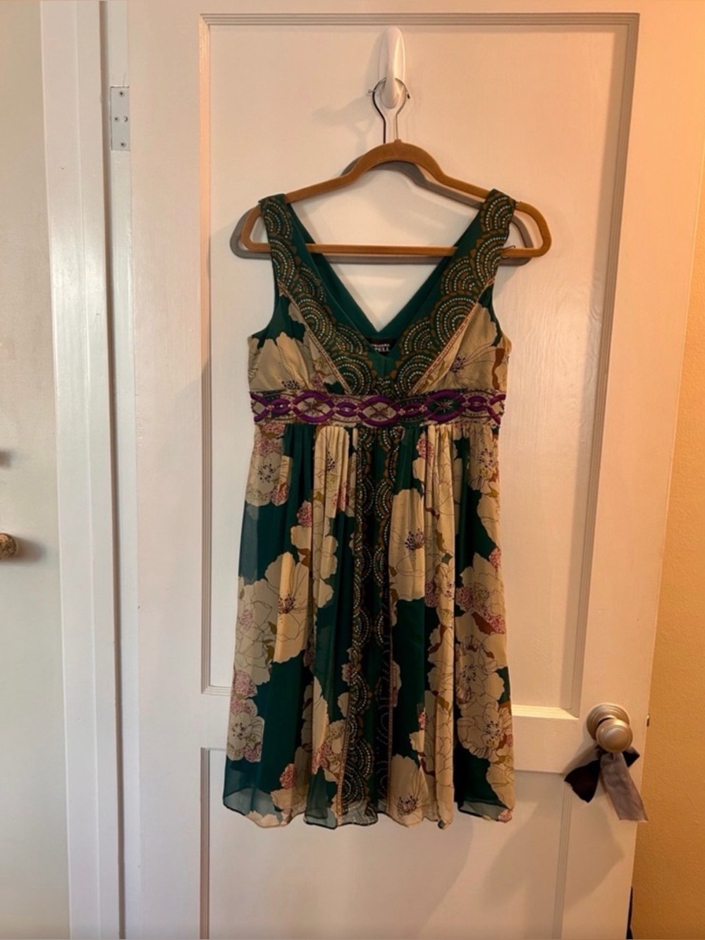 Adrianna Papell Teal Floral V-Neck Dress with Purple Embellished Waist - Picture 3 of 13